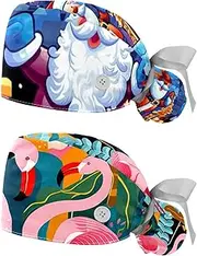 [YTYVAGT] 2-Pc,Nurse Scrub Caps,Scrub Hats with Buttons and Cotton Sweatband,Christmas Snowman Santa Claus