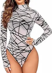[SHEKINI] Women's Sexy Long Sleeve Bodysuit Elegant Body Mesh Top Transparent Top Lingerie Thong Jumpsuit with Turtleneck Long Sleeve Bodysuit