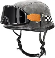 Leather Motorcycle Helmet Goggles Vintage Half Helmets Motorcycle Biker Cruiser Scooter Touring ECE Approved Men Women Vintage Motorcycle Open Face Helmet Cap
