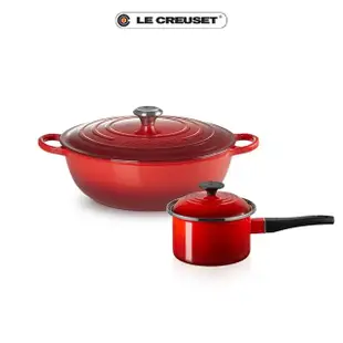 【Le Creuset】典藏琺瑯鑄鐵媽咪鍋32cm+琺瑯醬汁鍋14cm(櫻桃紅/火焰橘)