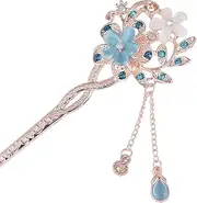 Tainrunse Chinese Style Hair Stick Women Fork Vintage Colorful Rhinestone Flower Decor Tassel Hollow Out Exquisite Stainless Alloy Lightweight Hanfu Cosplay Blue