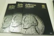 3 Whitman Jefferson Nickel Coin Folders, 1 ea. of 1, 2, and 3.