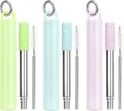 [FYY] Reusable Straws - 3 Pack Collapsible Stainless Steel Straws with Cleaning Brush and Silicone Tips Portable Travel Telescopic Drinking Straws with Storage Case and Keychain Ring