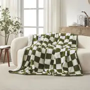 Checkered Plush Heated Throw Olive & Cream 200 X 180Cm