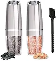Chef Power High-Quality Gravity Electric Salt and Pepper Grinder with Cleaning Brush - Battery-Operated, Stainless-Steel Pepper Mill - LED Light, Automatic Salt and Pepper Grinder – 2 Set (Silver)