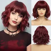 Short Burgundy Red Wigs Human Hair for Women Wavy Bob Wig with Bangs Medium Length Water Wave Dark Roots Wig Colorful Breathable Capless Heat Resistant Lightweight
