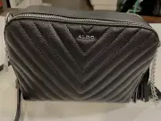 Aldo Black Crossbody Bag With Quilted Pattern And Silver Chain Strap