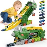 Lehoo Castle Dinosaur Toys for Kids, Kids Toys Transforms into Triceratops with Race Track Set, Toy for Boys with 8 Cars, Gifts fors Ages 3-6