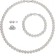 [Belacqua] Freshwater Pearl Jewelry Set for Women – Sterling Silver Necklace, Bracelet, Stud Earrings & Ring with White Sapphire, 7-9mm Pearls, Size 7 Ring, A Quality – Elegant Gift Set