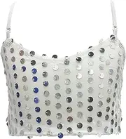 [KKmeter] Kids Girls Sequined Spaghetti Shoulder Straps Crop Tops V Neck Belly Hip Hop Jazz Dance Bra Vest Shirts