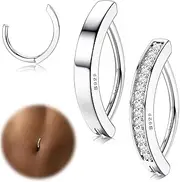 [Milacolato] 14G Long Belly Button Rings for Women | 925 Sterling Silver Clicker Belly Piercing Jewelry | Cubic Zirconia Paved Reverse Hoop Belly Rings | Silver 12mm 2pcs