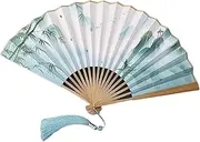 [ROBAUN] Hand Fan with Beautiful Fabric Printed, Folding Fan with Tassel, Vintage Foldable Hand Held Fan for Dancing Props