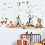 RAINBOW WSK Jungle Animal Tree Wall Decals Cute Forest Fox Squirrel Bear Deer Hedgehog Woodland Safari Wall Stickers with Cloud Bird Peel and Stick Wall Decor Kid Nursery Bedroom Wall Decor LM93906AB