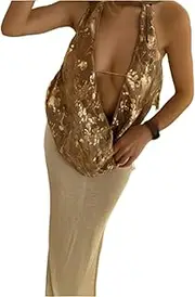 [Generic] Deep V-Neck Sequins Sparkling Women Top Green Backless Crop Vest Female Summer Elegant Vacation Beachwear 2025