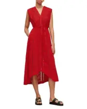 All Saints Tate Broderie Dress US Size 8 Poppy Blaze Red Lace Tank Tie Waist New