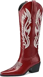 [LingxiaUne] Cowboy Boots For Women Sparkly Cowgirl Knee High Boots With Unique Embroidery And Chunky Heel Ideal For Daily Wear Parties And Dance Events