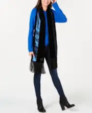 DKNY Velvet Sequined Stripe Fringe Scarf - Velvet Black - Sequin Blue
