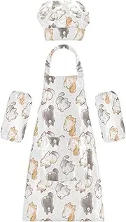 AIXIWAWA Kids Apron Chef Hat Set, Child Kitchen Bib Aprons Adjustable for Cooking Baking Painting (Cartoon Cats)