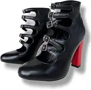 [Frankie Hsu] Ladies Chunky Block High Heeled Ankle Bootie, Black Red Heeled Bootie, Large Big Size US4-14 Fashion Designer Heel Boot For Women Men