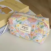 Floral Print Fabric Pencil Case Pouch - Pink & Yellow Flowers - Light Blue - One Size