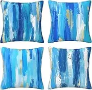 HOSTECCO Blue Abstract Cushion Covers 50x50 cm Set of 4 Modern Brushstrokes Cushion Cases Turquoise and Navy Decorative Pillow Covers for Sofa Couch Bed