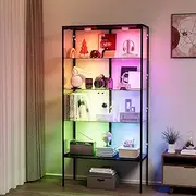 Stacked Glass Display Cabinet With 3 RGB LED Light,15 Colours,5mm Tempered Glass Door 4 Tier 2 Doors, Standing Show Case Cupboard Clear Display Platform Home Organizer Cabinet for Bedroom, Living Room