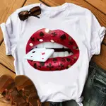 定制 LIPSTICK LIPS MAKEUP ART T-SHIRT 性感撲克牌嘴唇印花休閑T恤女