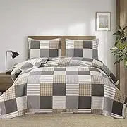 Ycosy Plaid Quilt Set Queen Size Lightweight Bedspread Set Grey Brown White Patchwork Quilts Reversible Coverlet with 2 Pillow Shams Soft Microfibers for All Season