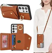 [Lipvina] for Samsung Galaxy S21 Ultra Case with Card Holder and Strap - Zipper Pocket,Crossbody Lanyard Strap,Credit Card Holder,Stand Ring,Cute Phone Wallet Case for Women(Brown,6.8 Inch)