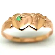 Genuine 9ct Rose Gold Double Heart Green Emerald Signet Ring May birthstone