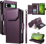 [Asuwish] Mobile Phone Case for Google Pixel 8a Case with Film, Screen Protector and Card Slot, Foldable Leather Wallet, Stand, Pixel8a 5G a8, Zip Mobile Phone Case, Dark Purple