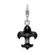 Sterling Silver Ss Rh Black Enameled Fleur De Lis W/Lobster Clasp Charm