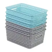 6-Pack Plastic Weave Rattan Basket Bin for Storage, Small Light grey & blue