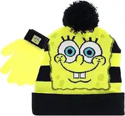 [Nickelodeon] Spongebob Squarepants Kid’s Winter Hats and Snow Gloves 2 Pc. Set Cute Pom-Pom Beanie with Warm Gloves for Boys and Toddler