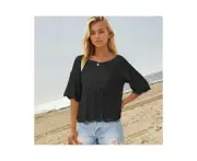 Women's Short Sleeve Knitted Tops Summer Hollow Out Shirts Crew Neck Tees Blouses-black