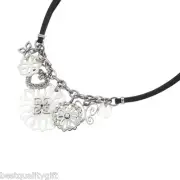 NEW FOSSIL SILVER MULTI-CHARM+MOP+CRYSAL+BLACK LEATHER NECKLACE-JF83100040+TAG