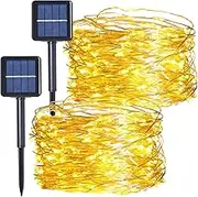 Solar String Lights Outdoor, HF 10M 100 LED Solar Powered Fairy Light with 8 Lighting Modes, Waterproof Copper Wire Tree Lights Lights for Christmas Party Decoration (Warm White-2 Pack)