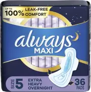Always Maxi Pads with Wings, Size 5, Extra Heavy Overnight Absorbency - 36 CT
