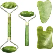 Bibabala 4-PCS Face Roller and Gua Sha Set, Skin Care Roller, Jade Roller Set, Face Stone Facial Roller Massage Tool for Face Eyes Neck Body, Smooth Wrinkles & Eye Puffiness(Green)