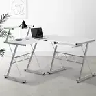Computer Corner Desk With Pull Out Keyboard Tray Steel Frame Study Table White