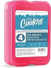 Fit & Fresh Cool Coolers by 4 Pack XL Slim Ice Packs, Quick Freeze Space Saving Reusable Ice Packs for Lunch Boxes or Coolers, Pink