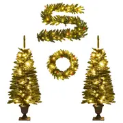 Artificial Christmas Trees 2 Pcs With Wreath Garland And Leds Seasonal Decorations
