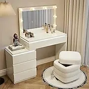 Vanity Makeup Desk, Makeup Table, Dressing Table with Mirror, Adjustable Lighting, Drawers, Ambient Lighting and Padded Stool for Bedroom, Dressing Room (White, SQU