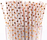 Pack of 150 Rose Gold Polka Dot Foil Biodegradable 4-Ply Paper Drinking Straws