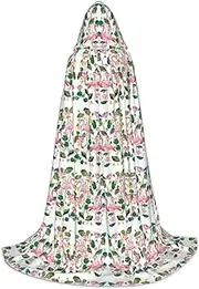 SKKNT Flamingo Bird Round Leaves Print Halloween Hooded Cloak Full Length Cape With Hood For Men And Women For Carnival