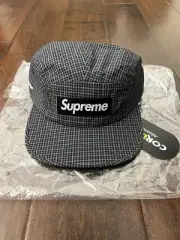 Supreme SS25 Cordura Cotton Plaid Logo Camp Cap Black White One Size New IN HAND