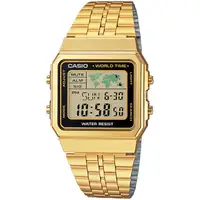 在飛比找PChome24h購物優惠-CASIO 全球地圖復古風電子錶-金x黑邊/34mm