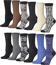 [Tipi Toe] Women's 12-Pairs Colorful Earthy Nordic Mix Patterned Crew Dress Socks, Jv2-5-6-7, Earthy Nordic Mix