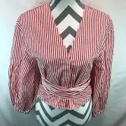 H&M Button Up Tie Front Crop Red White Stripe Blouse 4 NWT KK20
