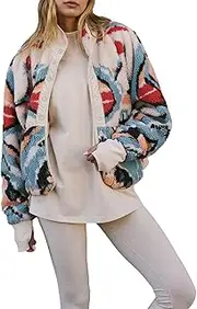 [Kumufenc] Printed Sherpa Jacket for Women Long Sleeve Button Down Fuzzy Fleece Coat Y2K Outerwear with Pockets